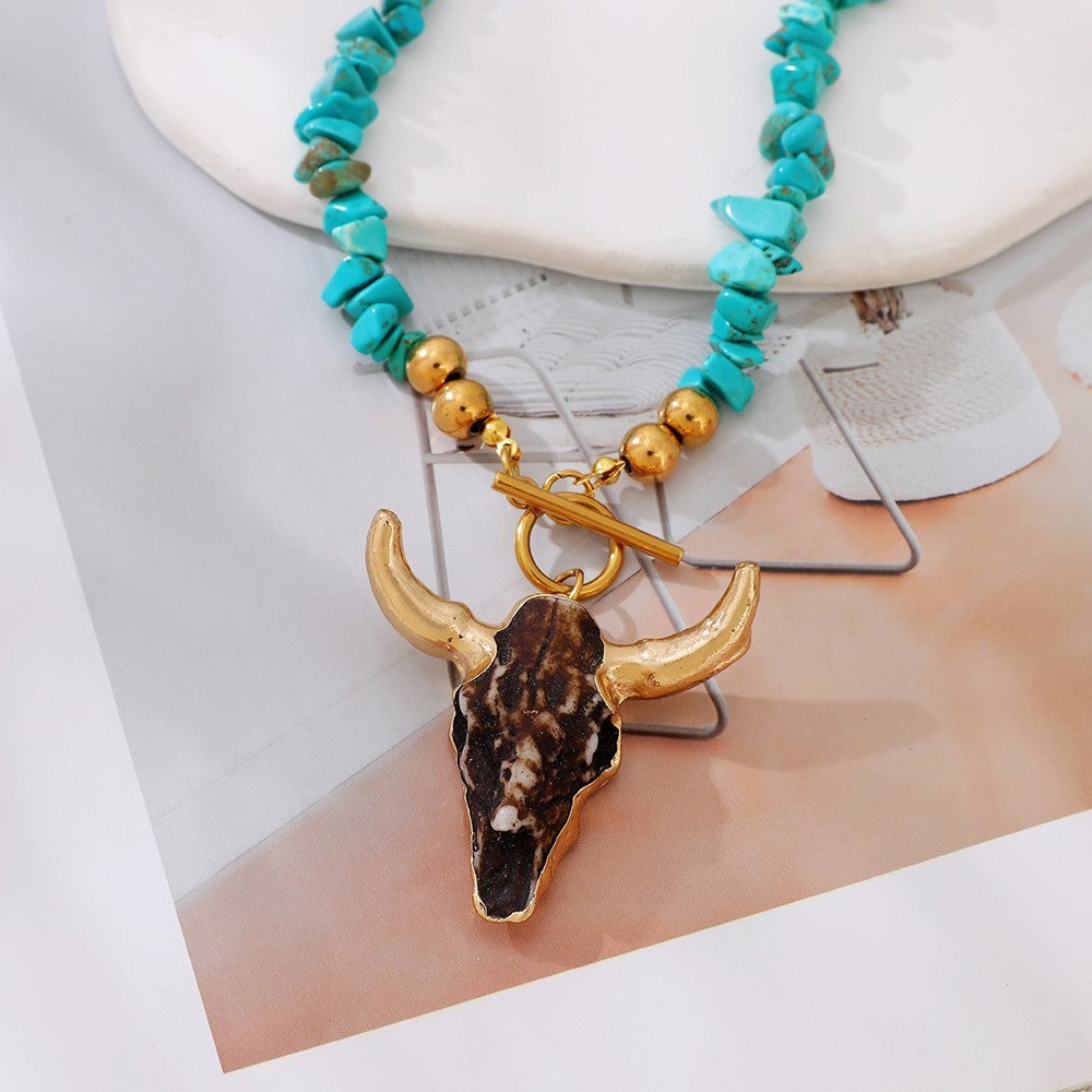 Boho Turquoise Bull Skull Necklace
