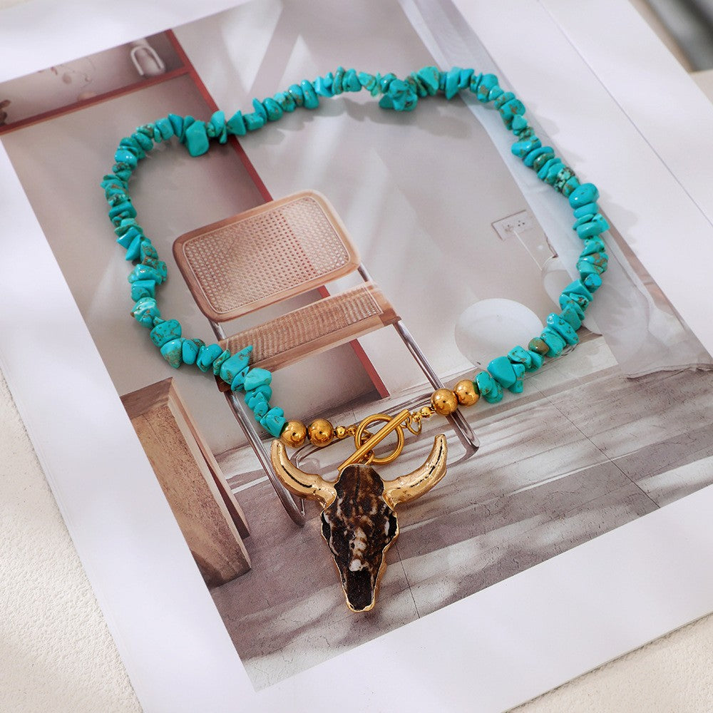 Boho Turquoise Bull Skull Necklace