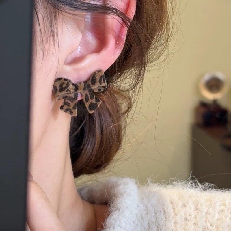 Boho Leopard Print Velvet Bow Earrings