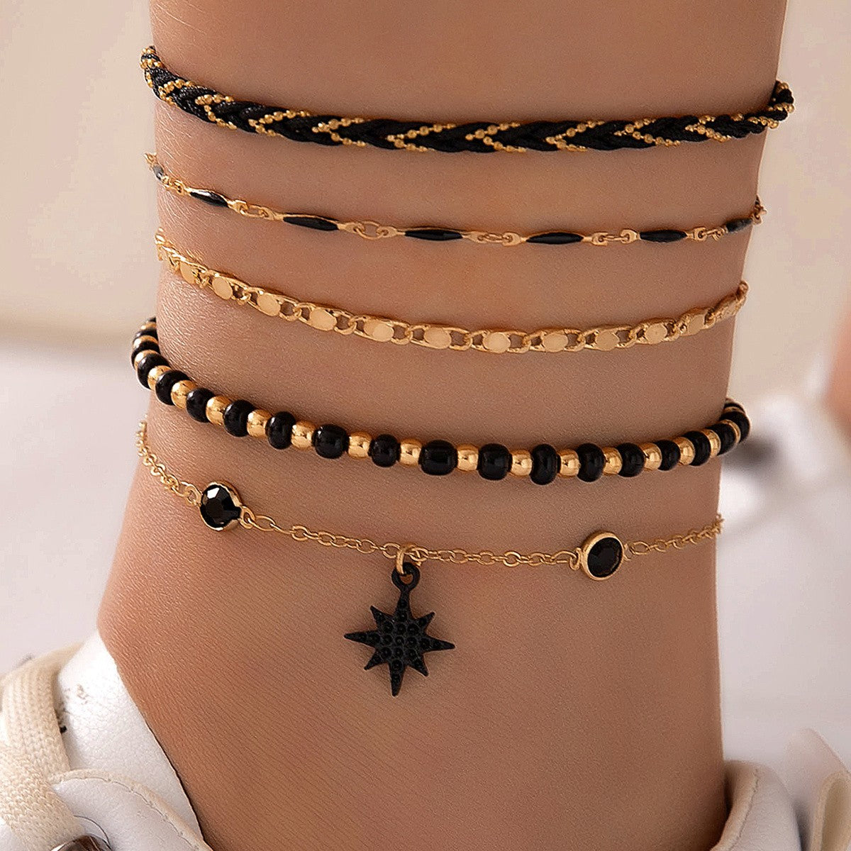5pc Boho Woven Star Anklet Set