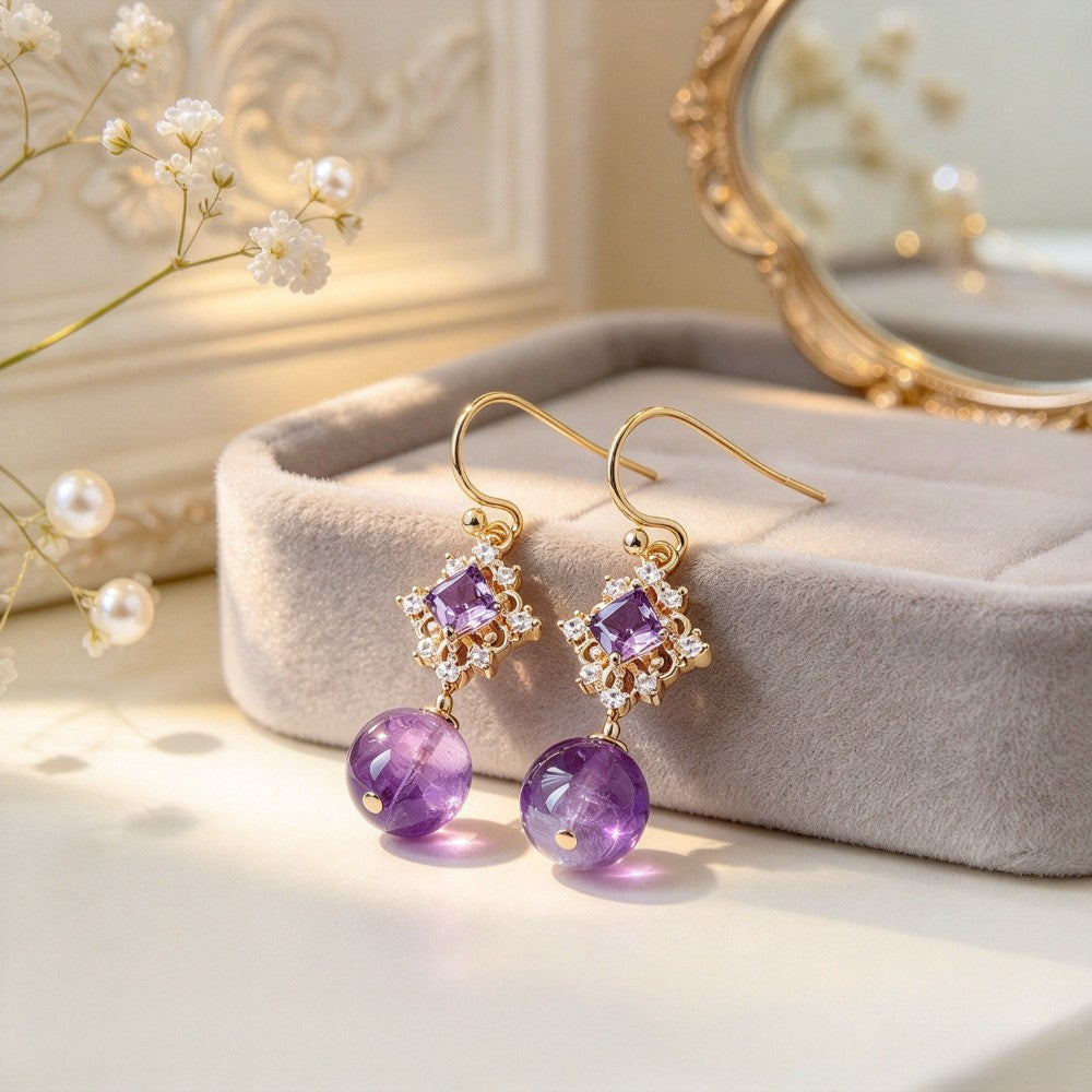 Elegant Amethyst Sphere Drop Earrings