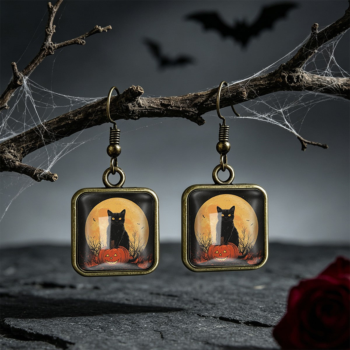 Vintage Halloween Black Cat Square Earrings
