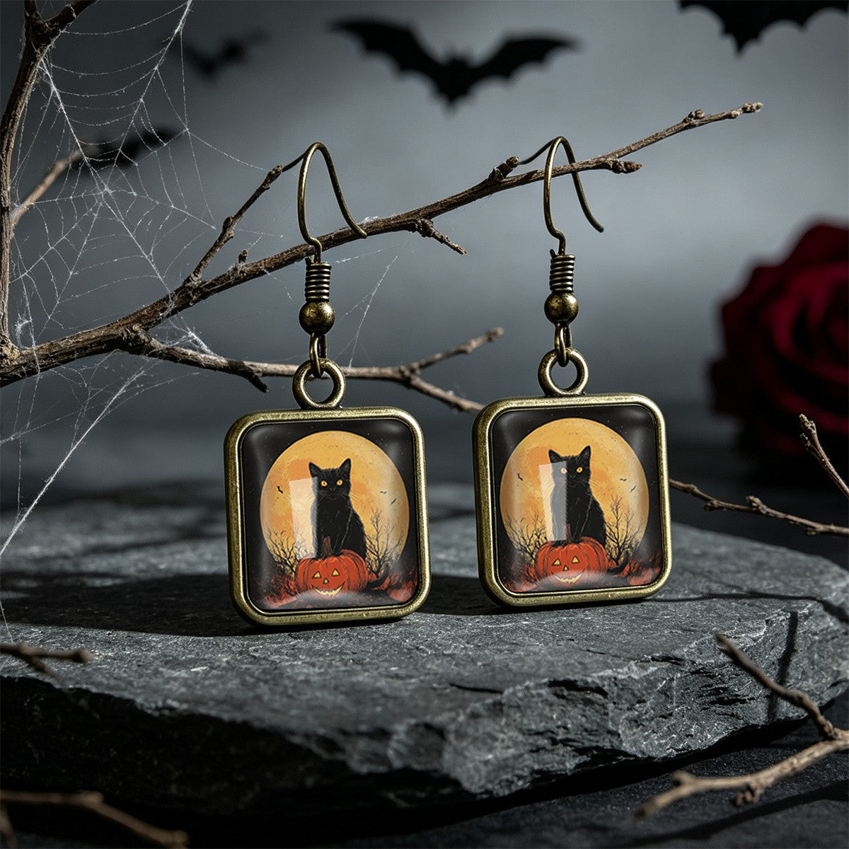 Vintage Halloween Black Cat Square Earrings