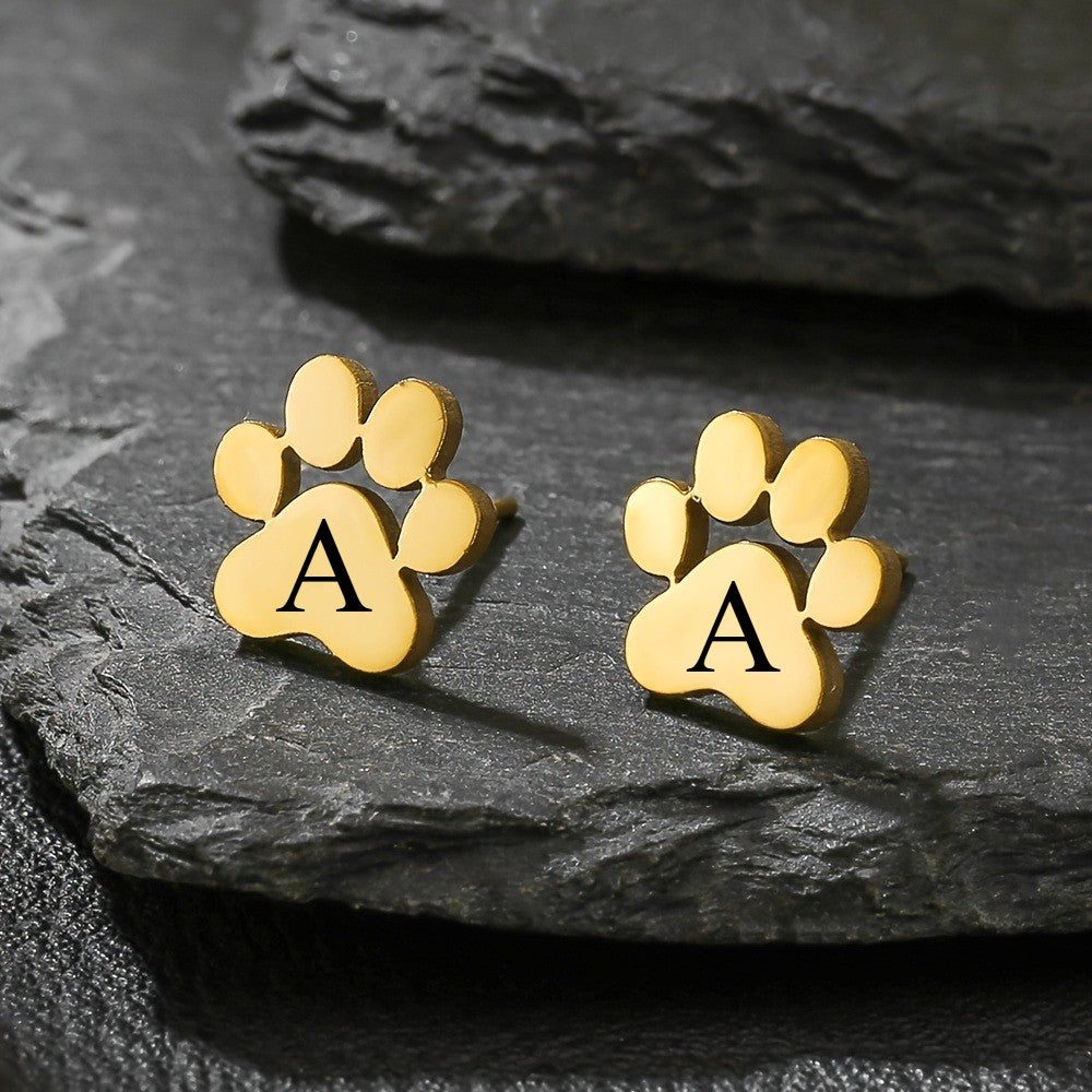 18k Dainty Paw Initial Stud Earrings