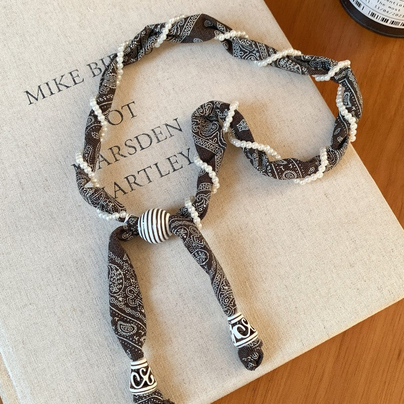Boho Paisley Faux Pearl Scarf Necklace