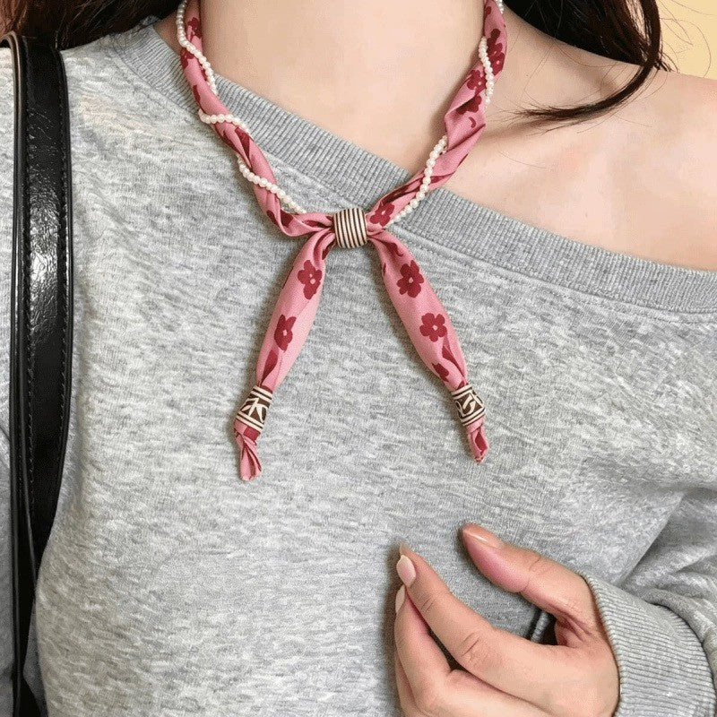 Boho Paisley Faux Pearl Scarf Necklace