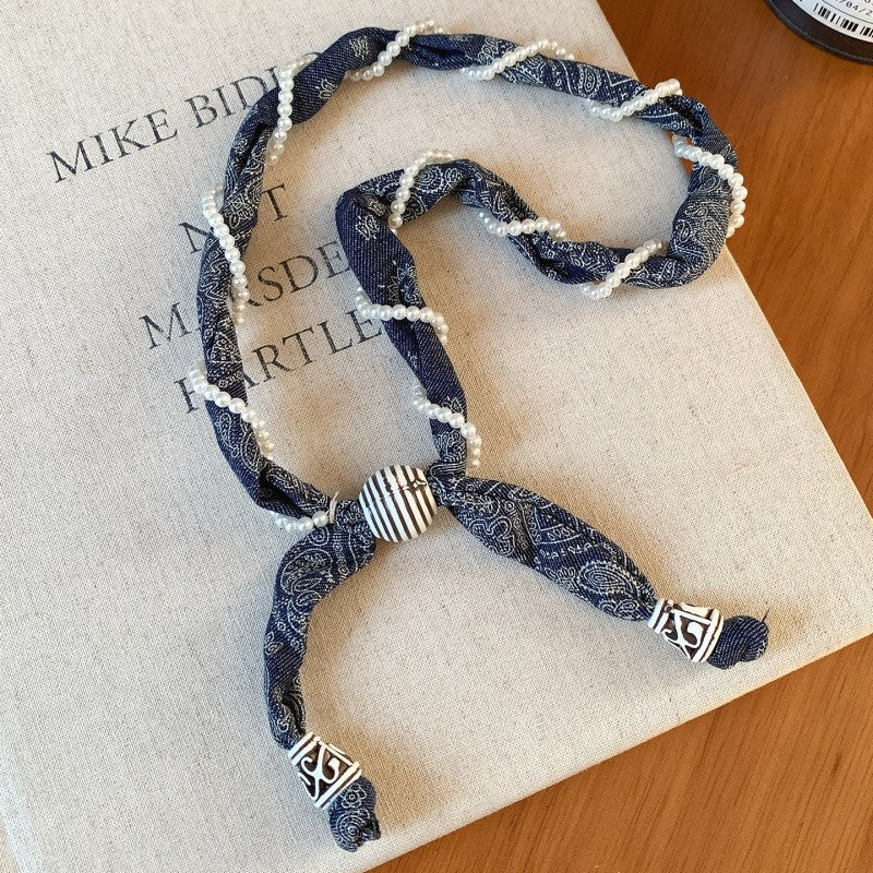 Boho Paisley Faux Pearl Scarf Necklace