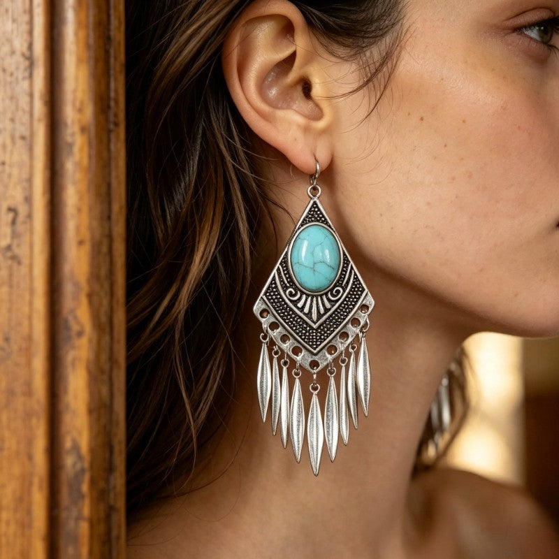 Boho Vintage Turquoise Rhombus Fringe Earrings