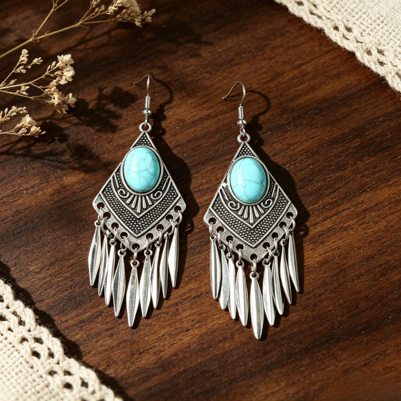 Boho Vintage Turquoise Rhombus Fringe Earrings