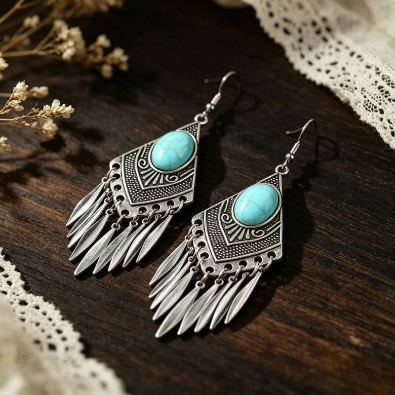 Boho Vintage Turquoise Rhombus Fringe Earrings