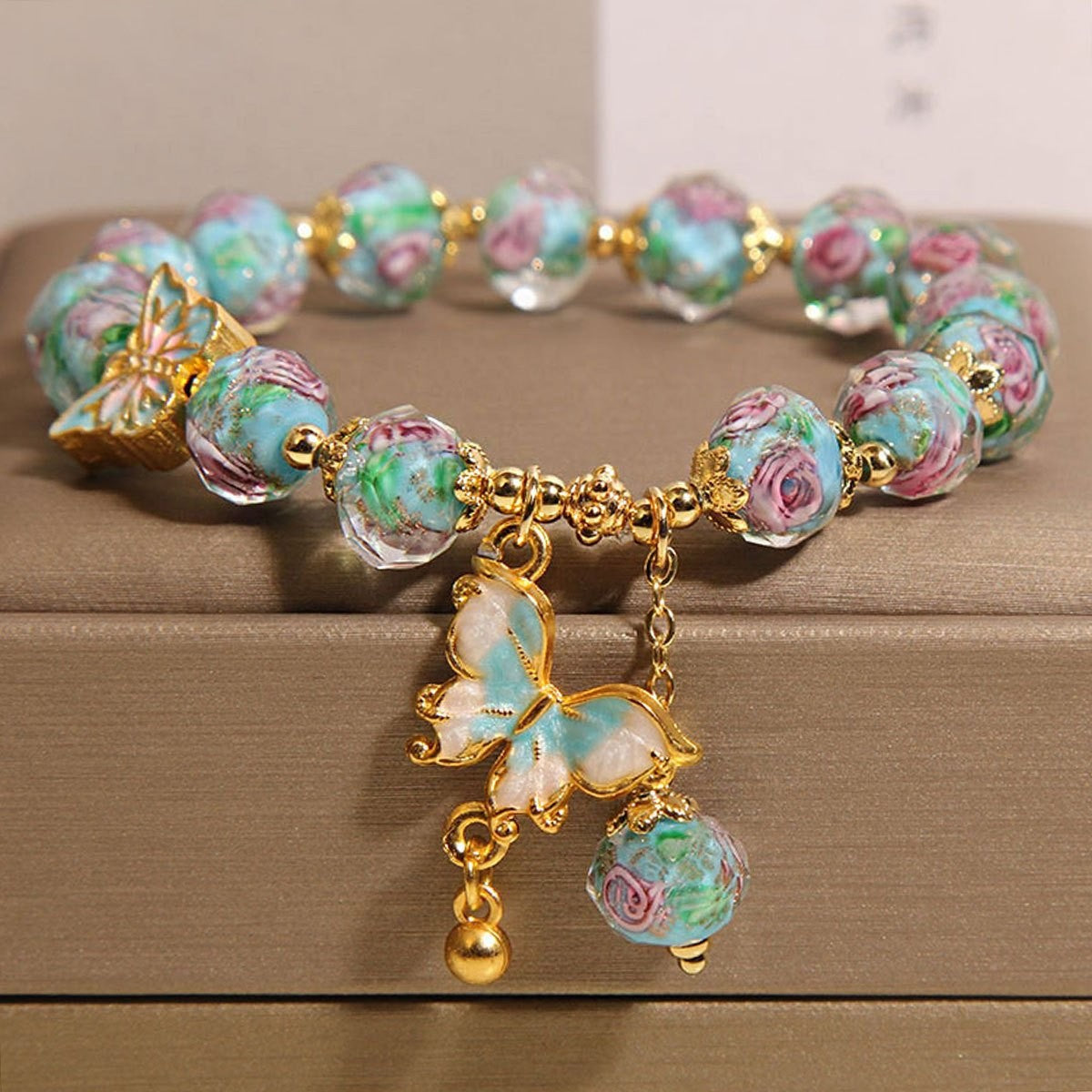 Boho Floral Rose Glass Bead Bracelet