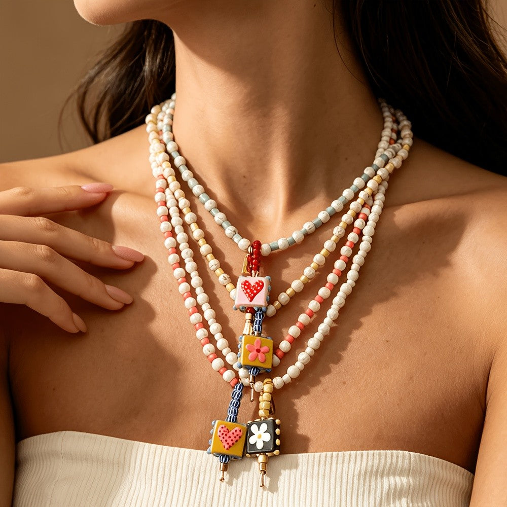 Boho Layered Resin Square Pendant Necklace