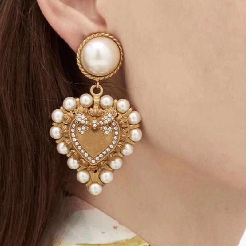 Vintage Pearl Heart Drop Earrings