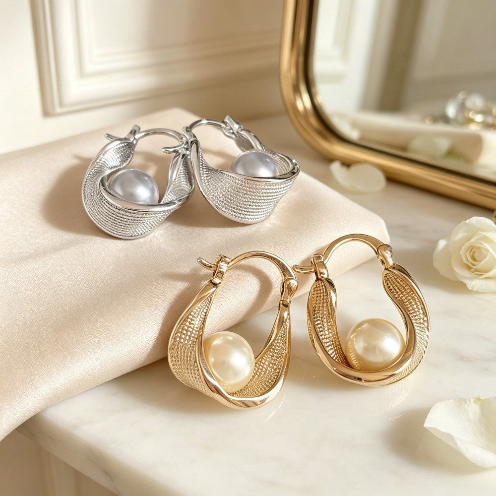 Classy Textured Pearl Hoop Earrings