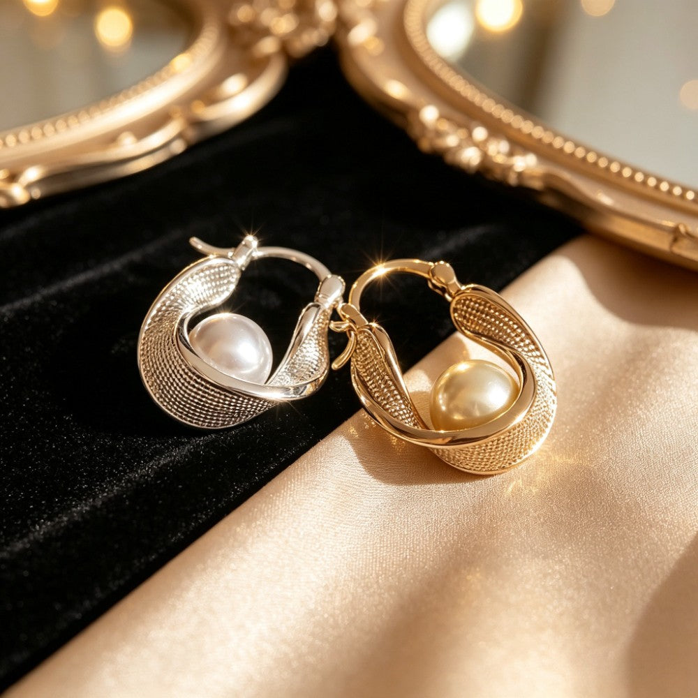 Classy Textured Pearl Hoop Earrings
