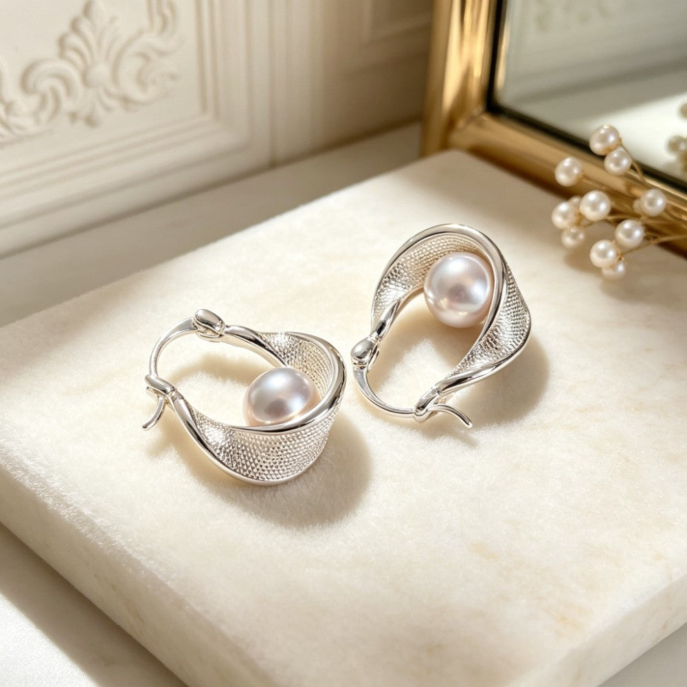 Classy Textured Pearl Hoop Earrings