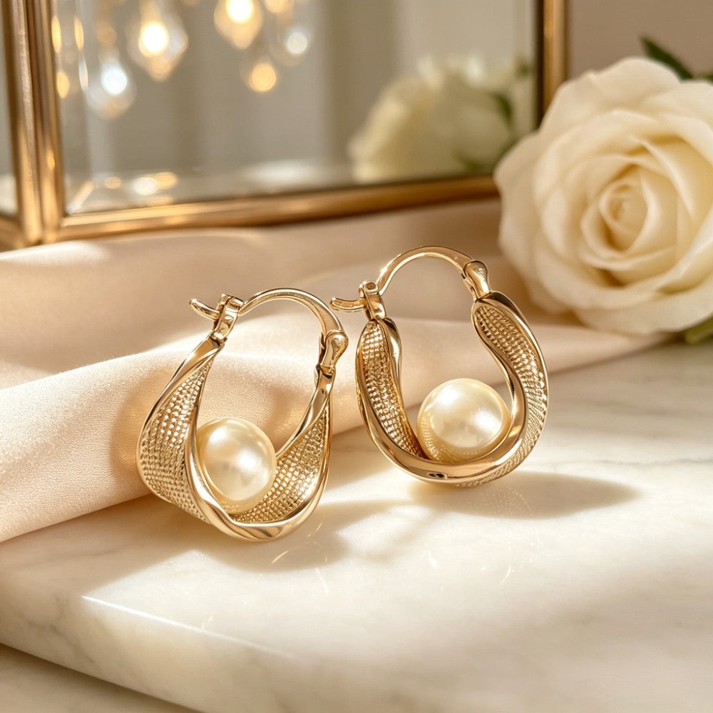Classy Textured Pearl Hoop Earrings