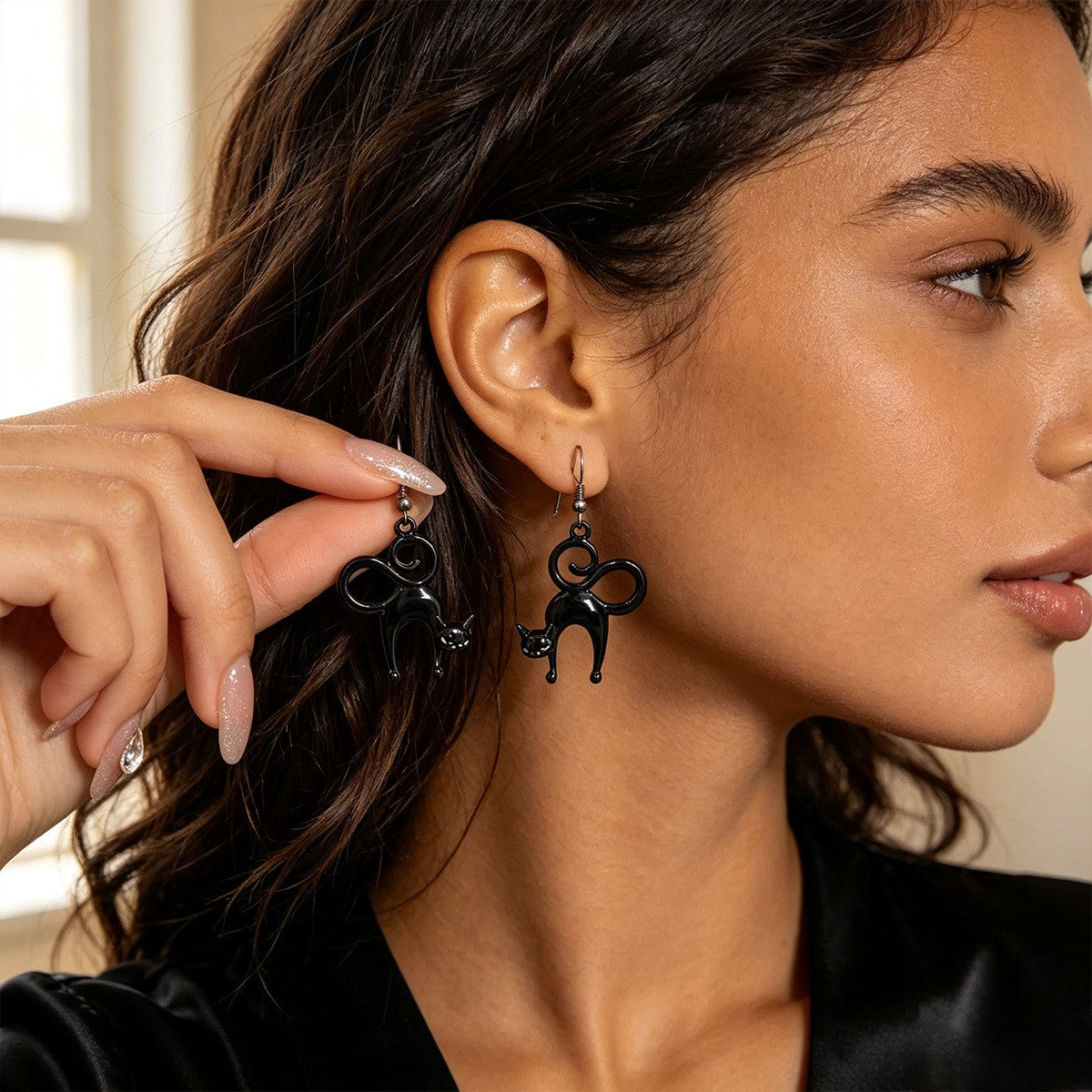 Playful Black Cat Drop Earrings
