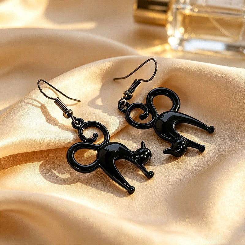 Playful Black Cat Drop Earrings