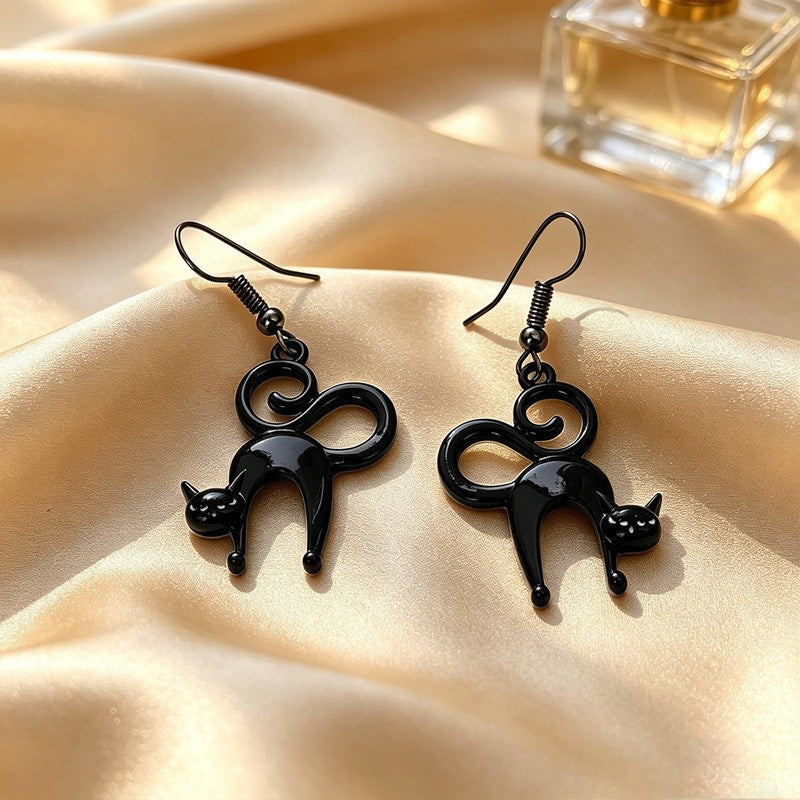 Playful Black Cat Drop Earrings