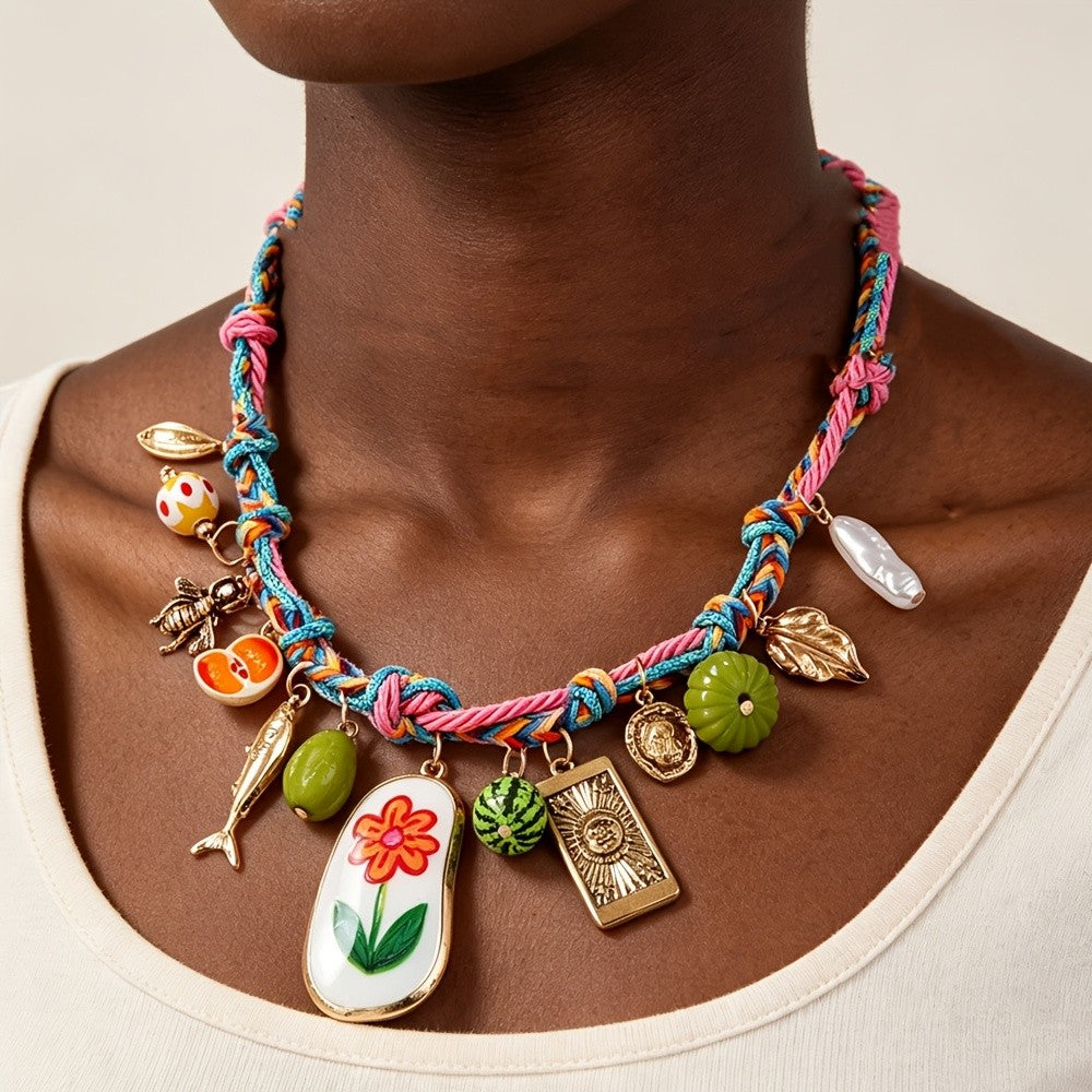 Boho Woven Fruit Charm Necklace