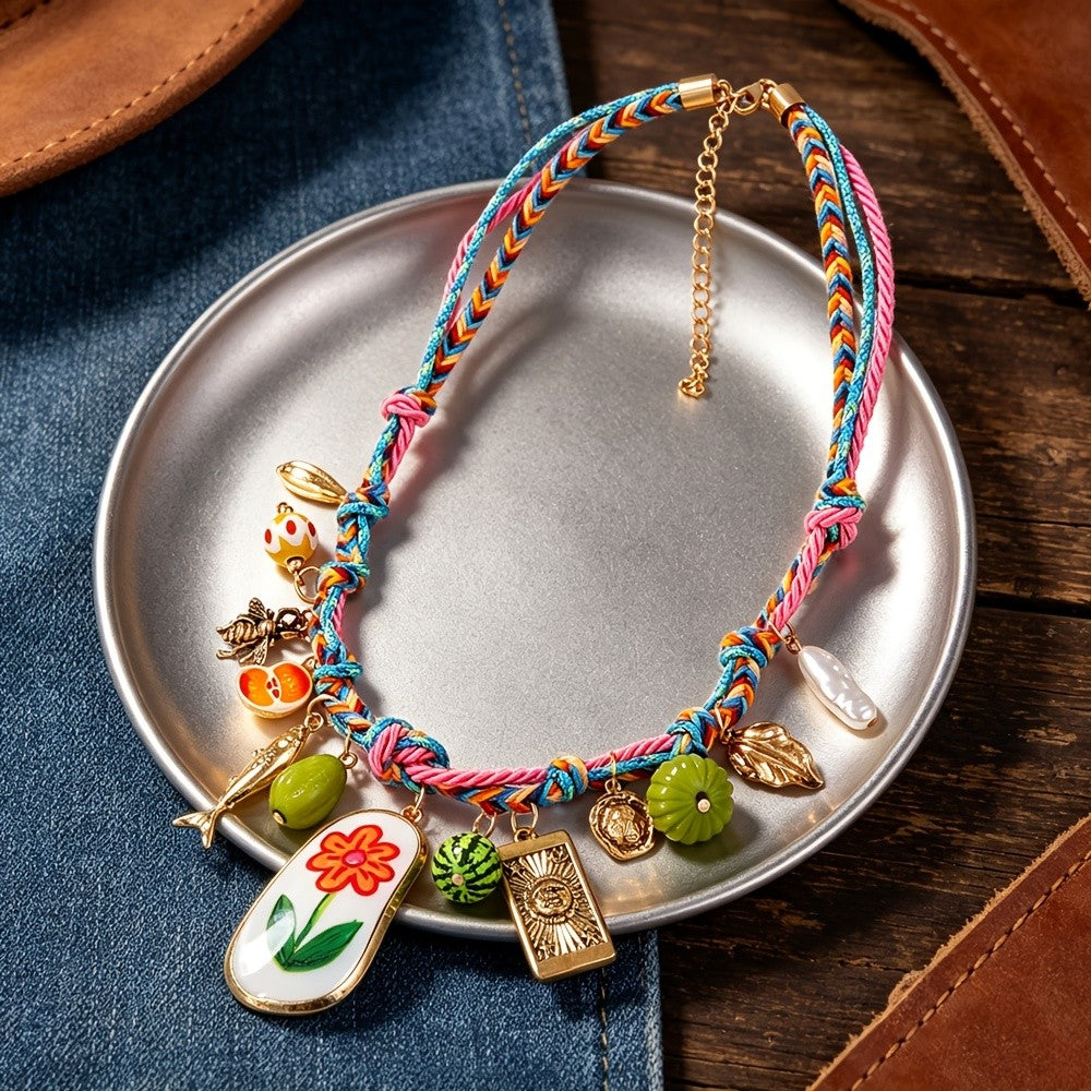 Boho Woven Fruit Charm Necklace