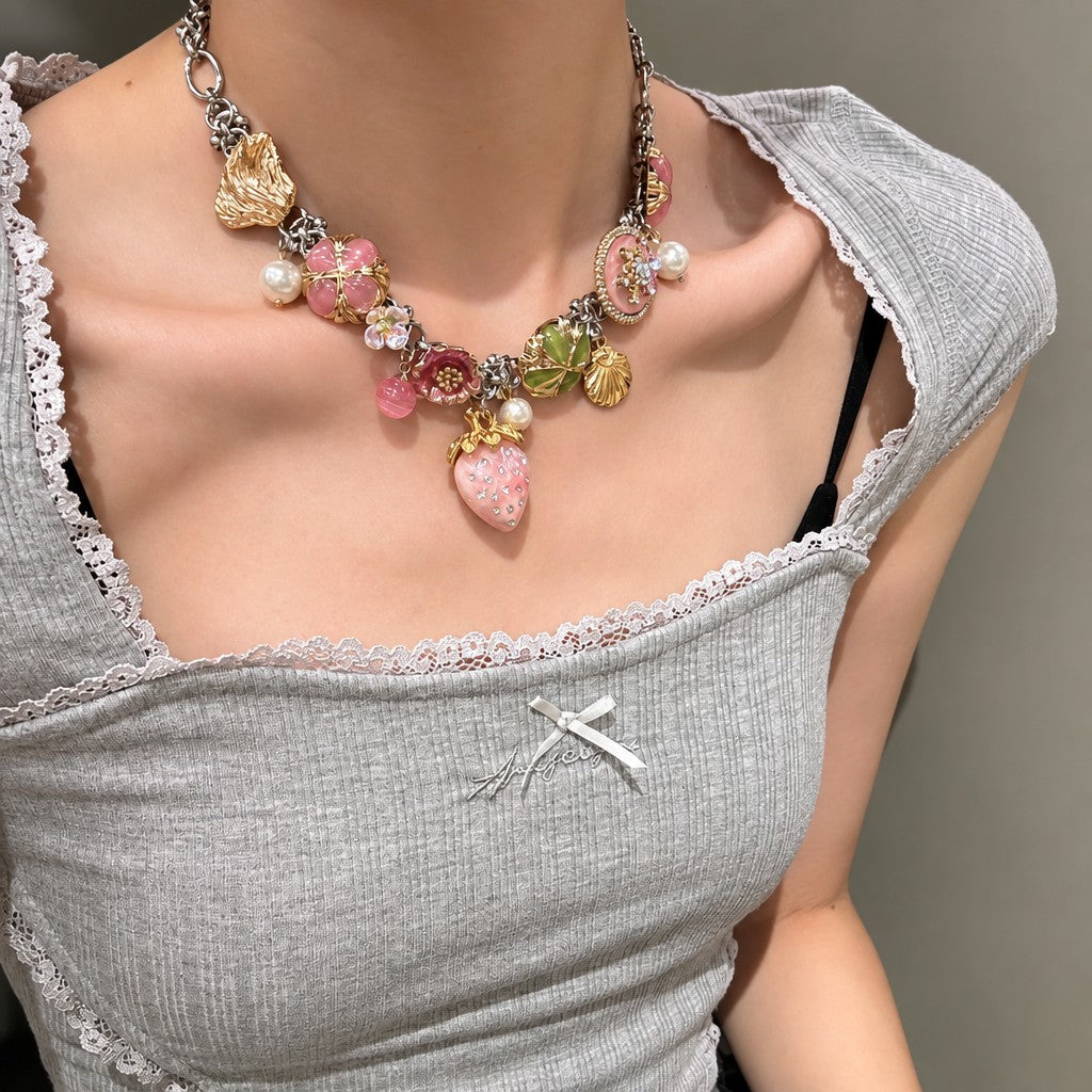 Sweet Strawberry & Shell Charm Necklace