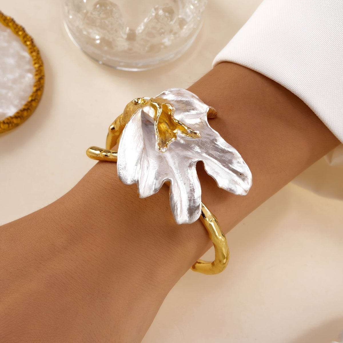 Classy White Enamel Iris Open Bangle
