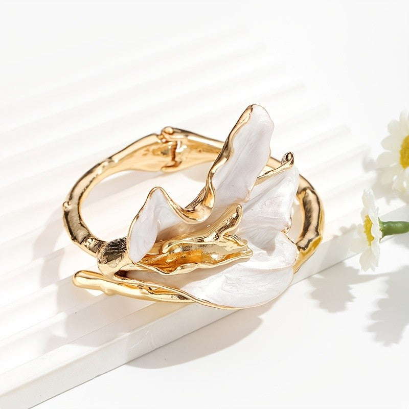 Classy White Enamel Iris Open Bangle