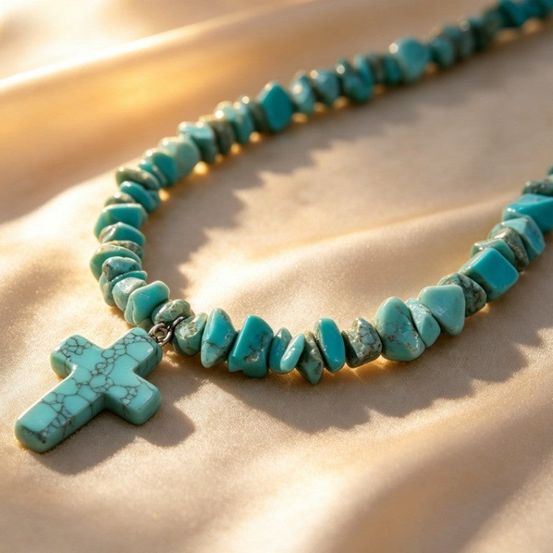 Boho Turquoise Chip Cross Necklace