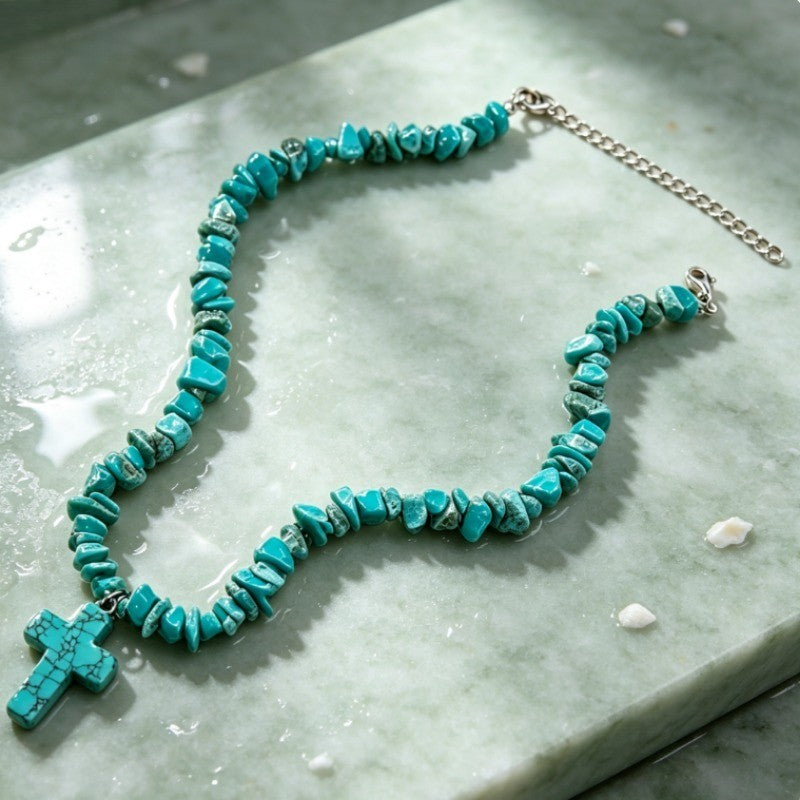 Boho Turquoise Chip Cross Necklace