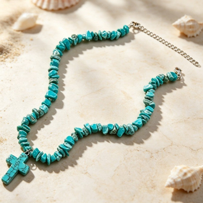 Boho Turquoise Chip Cross Necklace