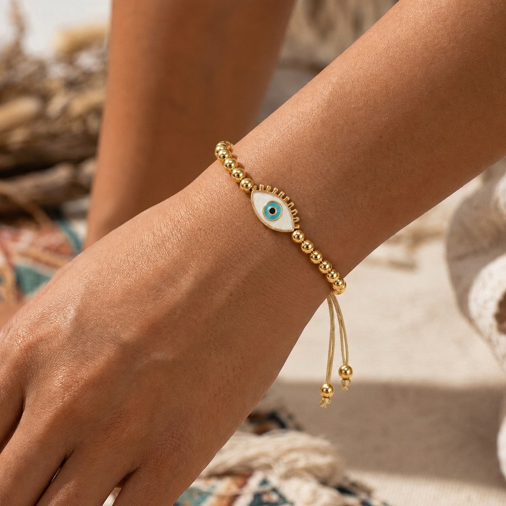 14k Dainty Evil Eye Beaded Bracelet