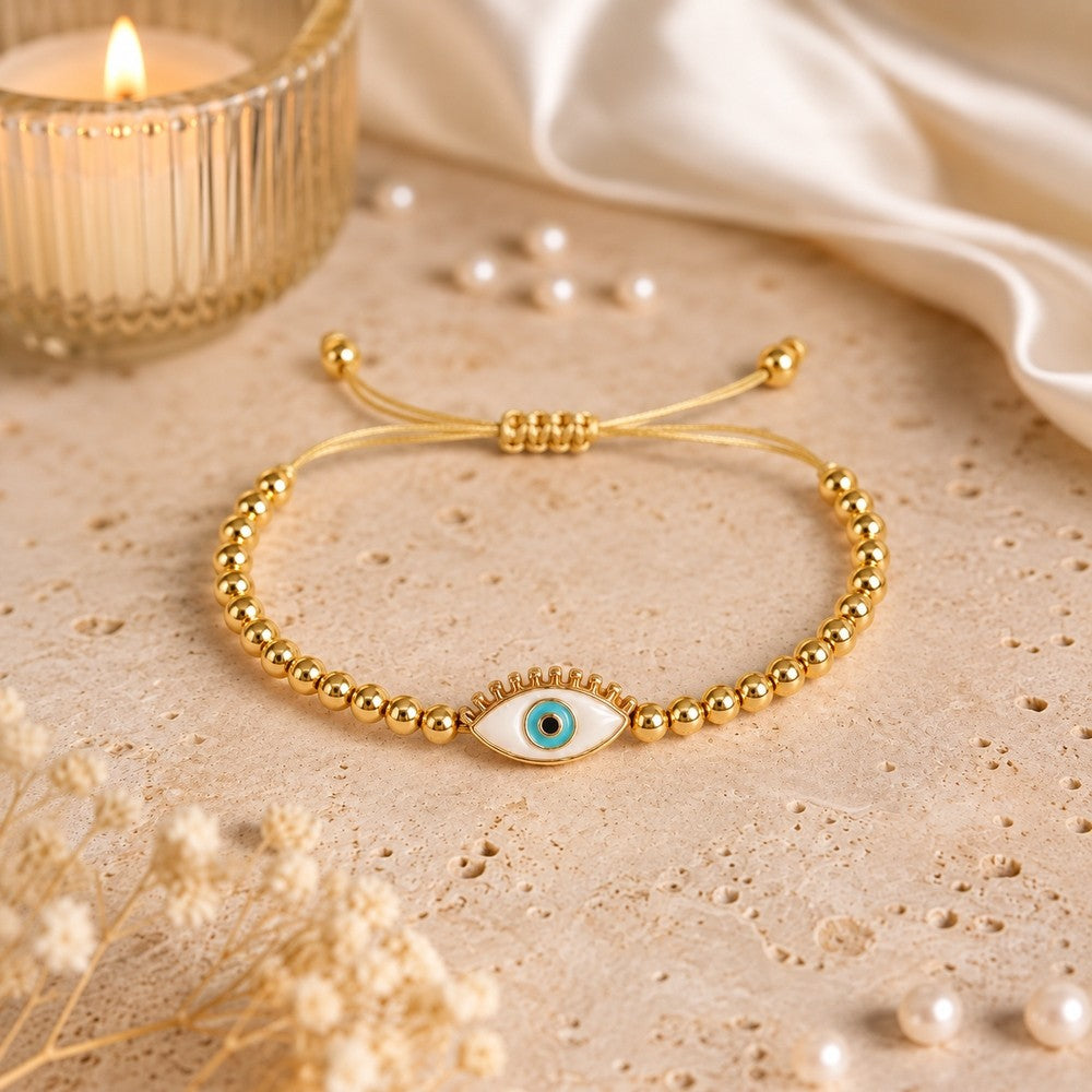 14k Dainty Evil Eye Beaded Bracelet