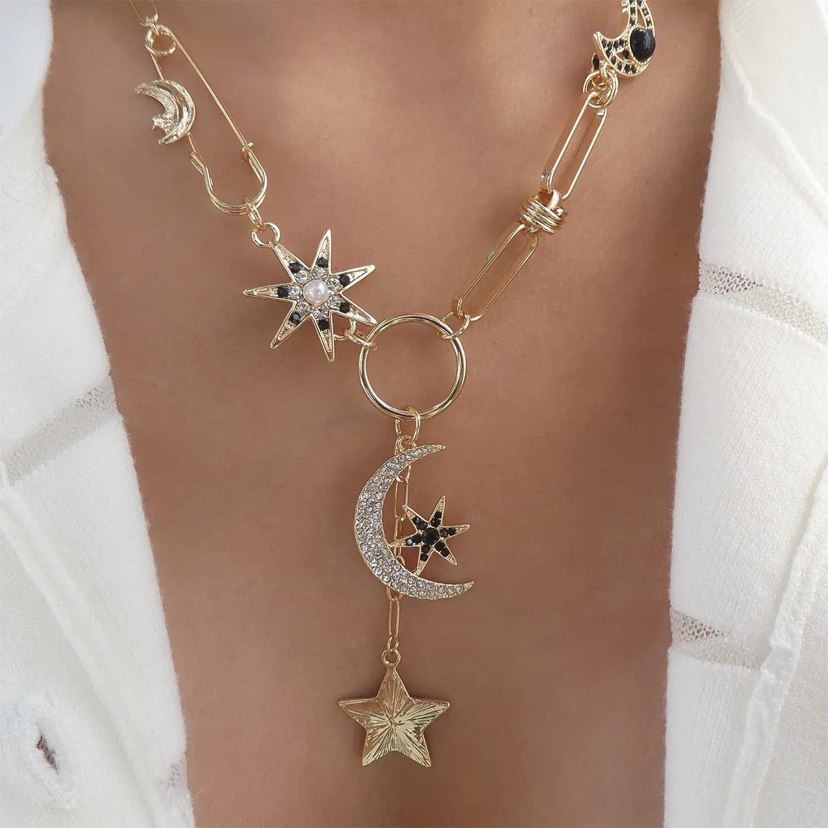 Boho Star Moon Safety Pin Necklace