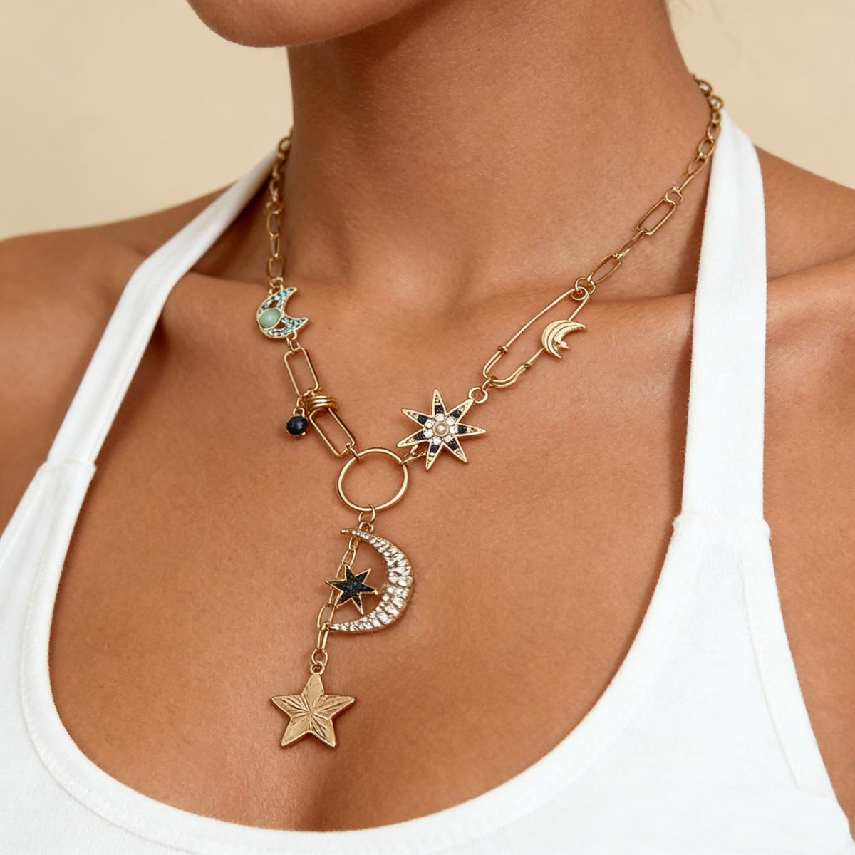 Boho Star Moon Safety Pin Necklace