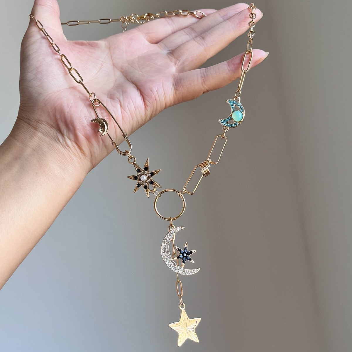 Boho Star Moon Safety Pin Necklace