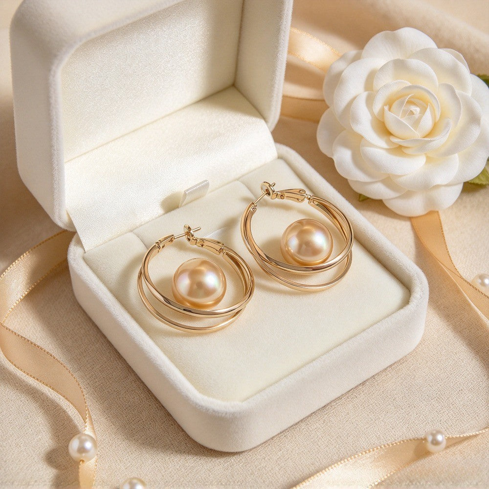 Classy French Double Hoop Faux Pearl Earrings