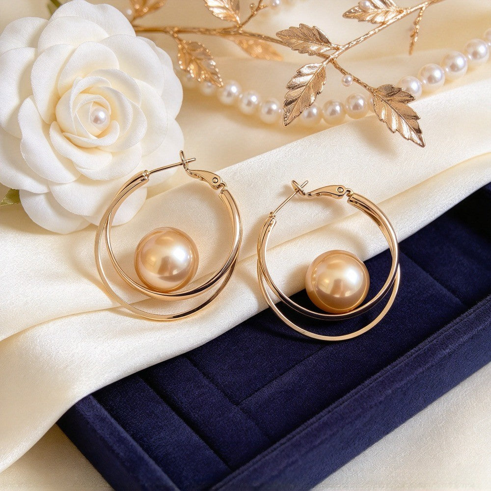Classy French Double Hoop Faux Pearl Earrings