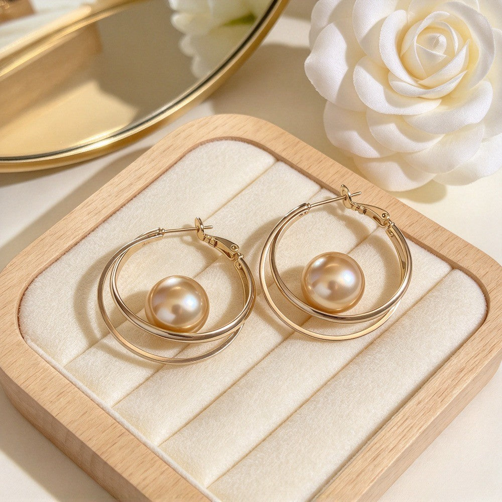 Classy French Double Hoop Faux Pearl Earrings