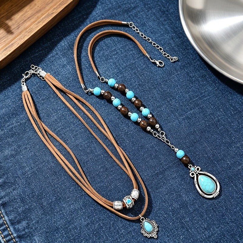 Boho Layered Turquoise Resin Cord Necklace