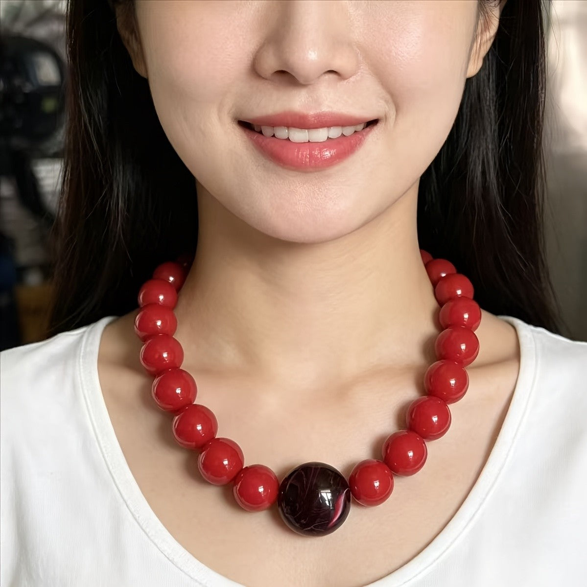 18k Boho Red Acrylic Bead Necklace