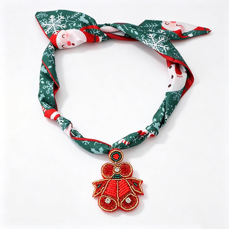 Festive Printed Scarf Snowflake Bow Necklace