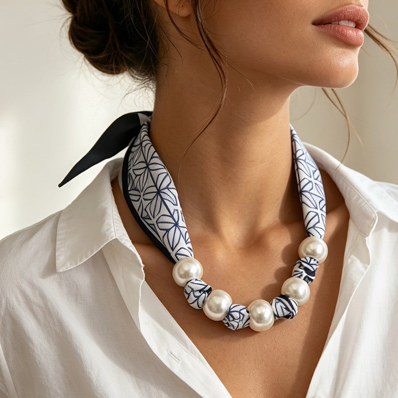 Boho Pink Seashell Print Scarf Pearl Necklace