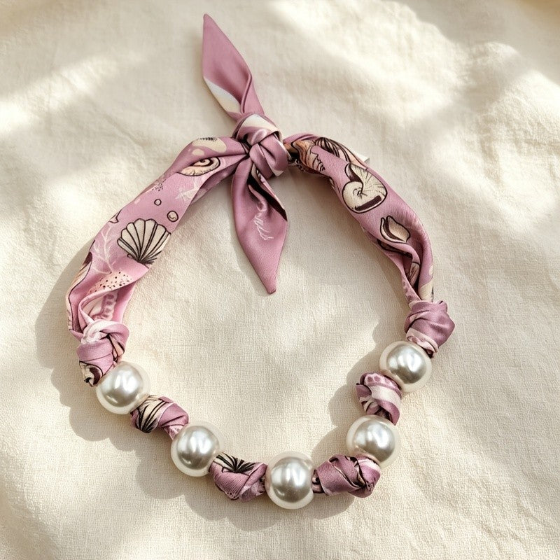 Boho Pink Seashell Print Scarf Pearl Necklace