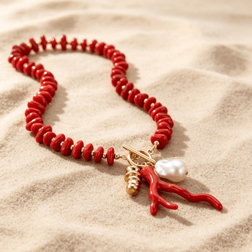 Boho Red Coral Branch Pearl Necklace