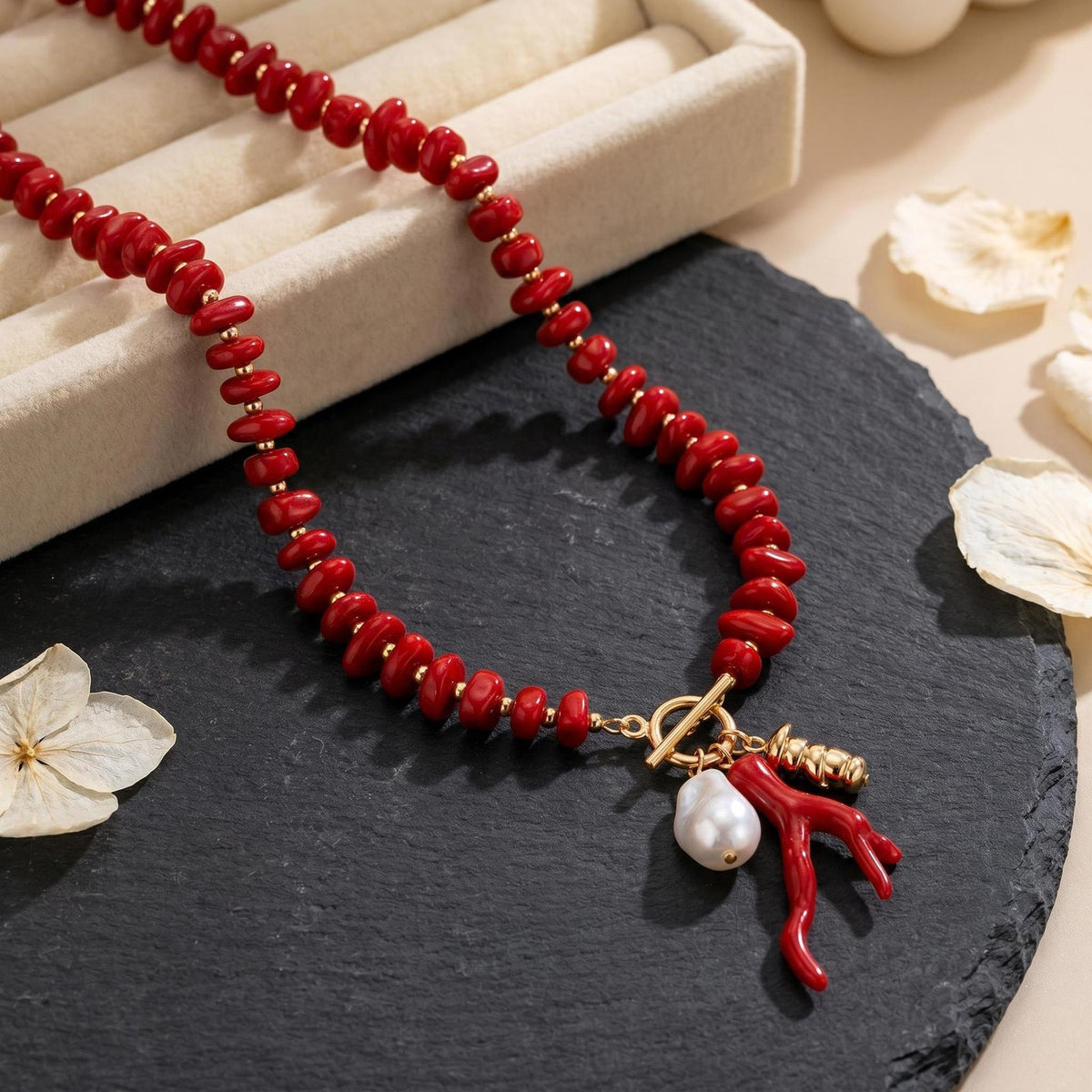 Boho Red Coral Branch Pearl Necklace