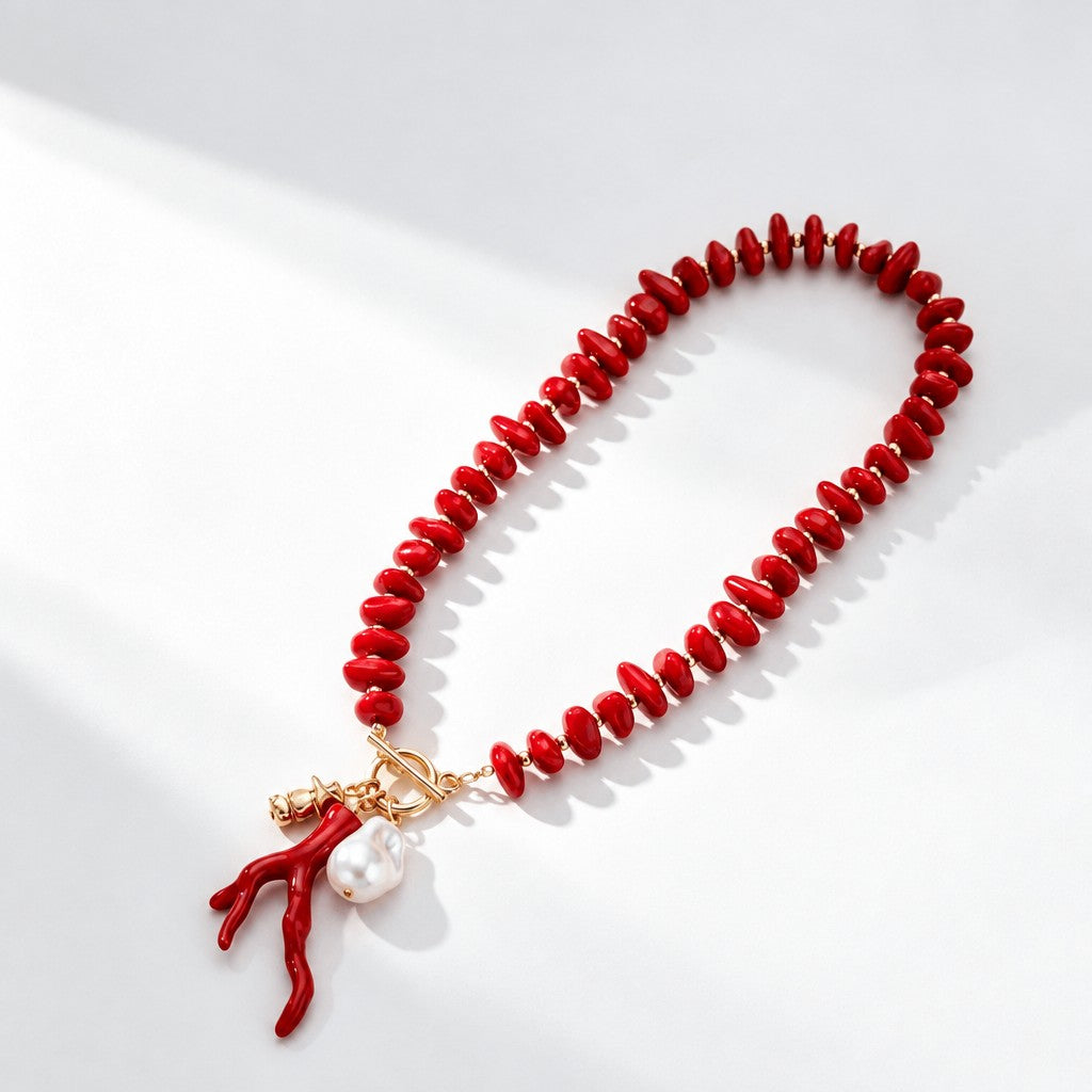 Boho Red Coral Branch Pearl Necklace