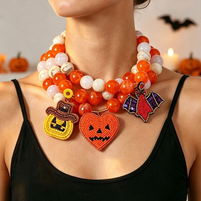 Boho Beaded Pumpkin Bat Heart Necklace