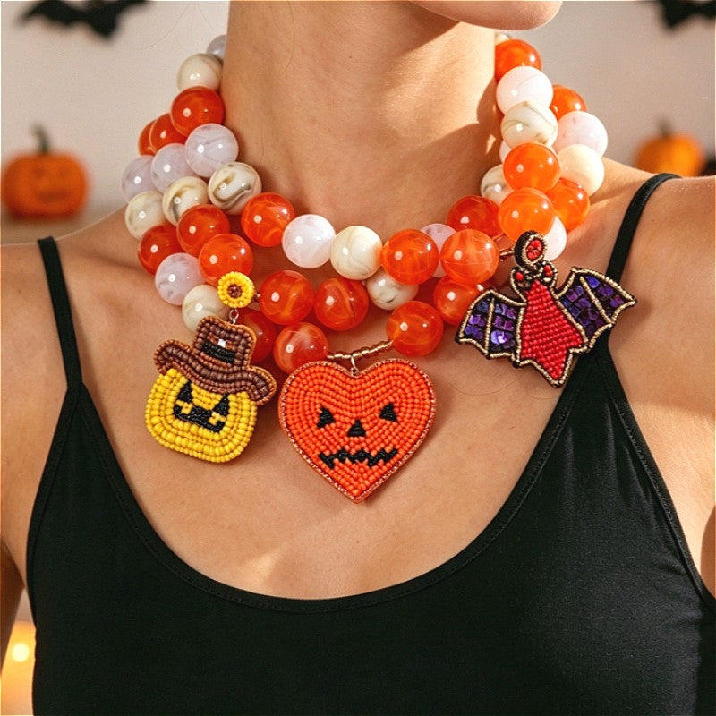 Boho Beaded Pumpkin Bat Heart Necklace